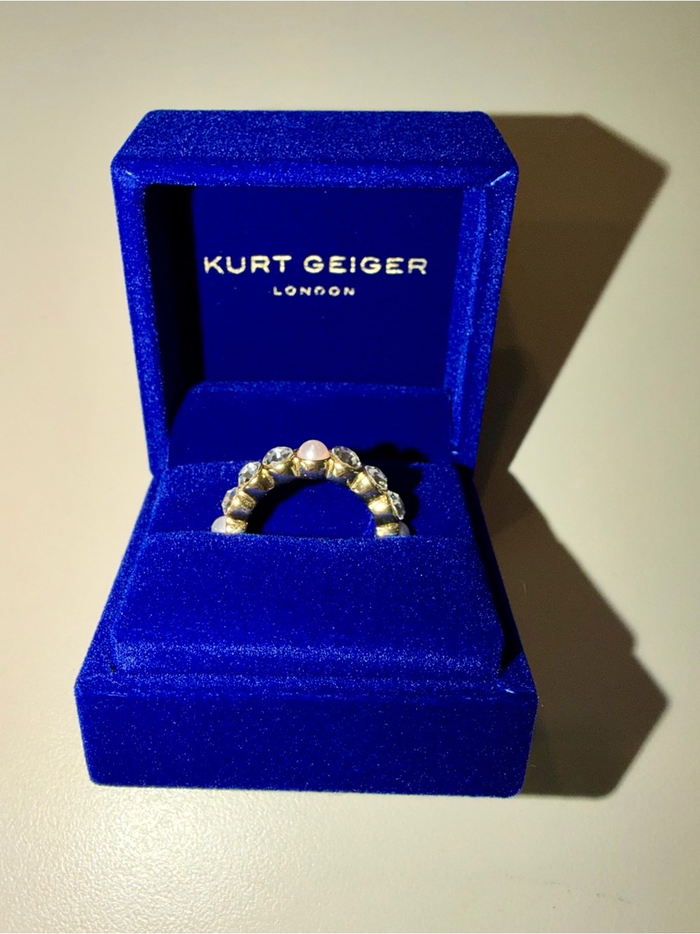 Kurt Geiger London Crystal Faux Pearl & Gold Eternity Band Ring NWT - Picture 2 of 8